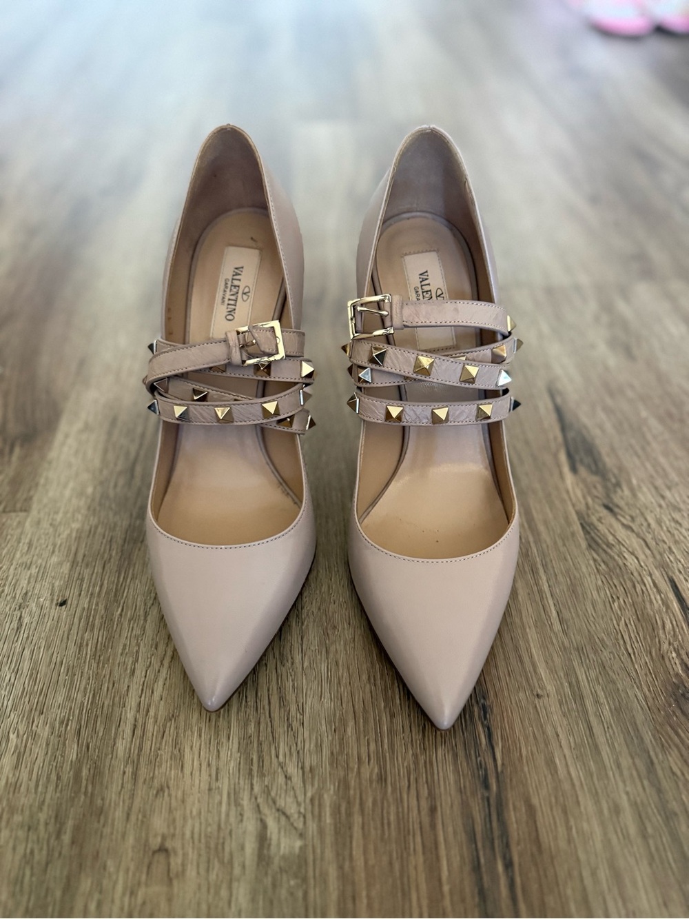 Valentino Nude/Pale Pink Rockstud Strappy Pointed-Toe Pumps